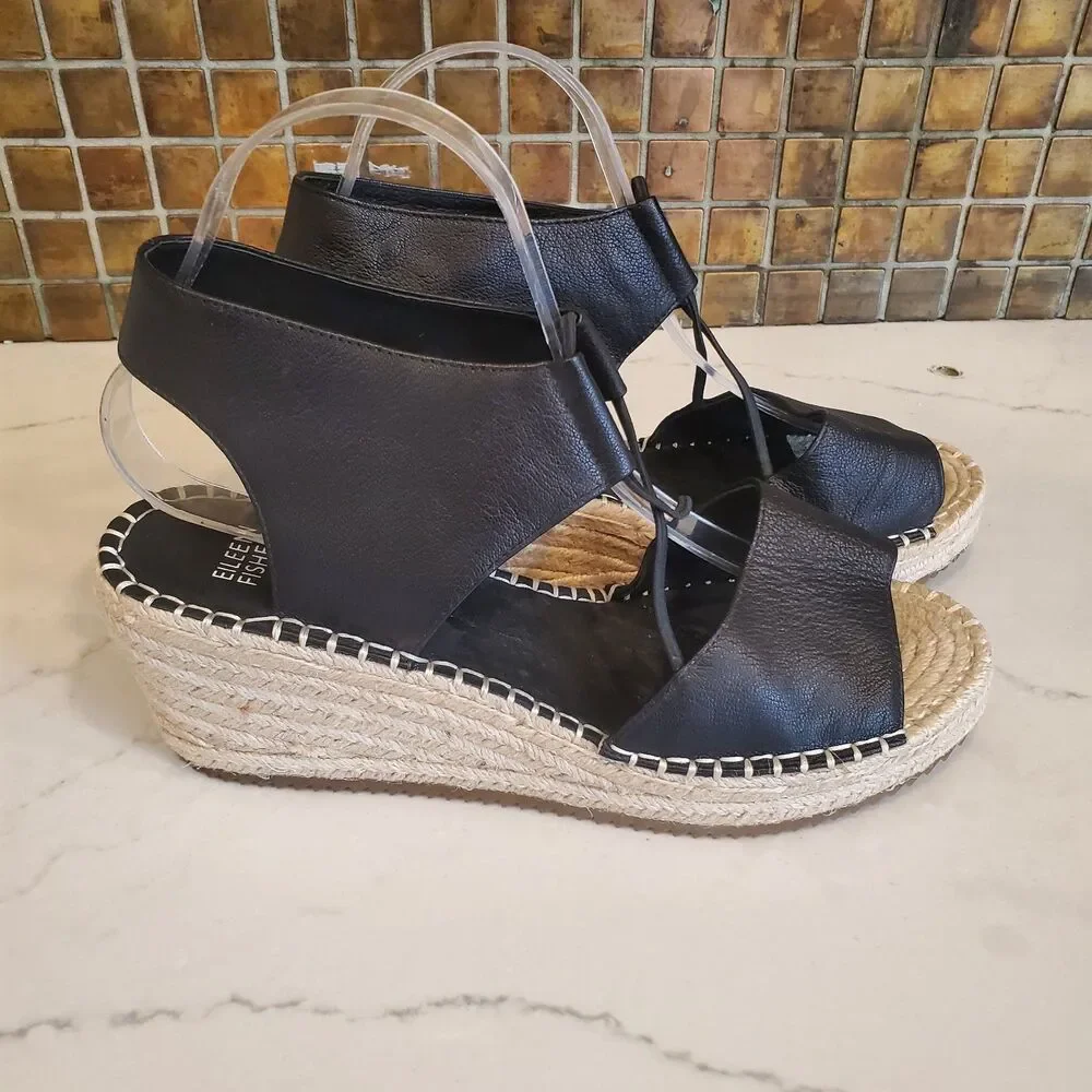 Eileen Fisher Women's Sandals 10 Black Agnes Espadrilles Leather Minimalist